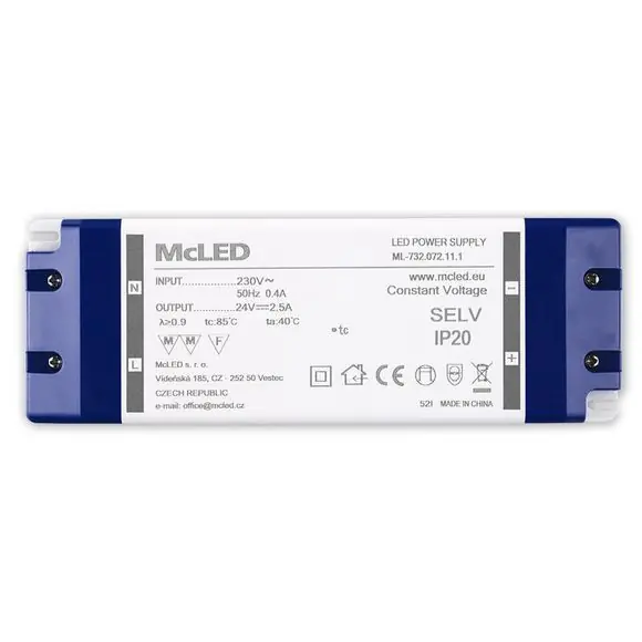 DR LED driver 24V 60W IP20 McLED 2,5A plast se svorkovnicí Top Prodej