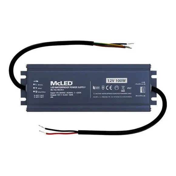 DR LED driver 12V 100W IP67 McLED 8,33A kov SELV_Black Ihned K Objednání