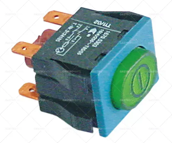 Tlačítkový spínač montážní rozměry 30x22mm zelený 2NO 250V 16A osvětlený ON-OFF Odeslání Ihned