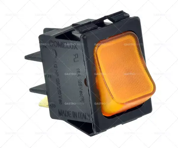 spínač kolébkový START rozměr 30x22mm oranžové 2NO / lampa 250V 16A Připojení plochá zástrčka 6,3 mm Akce