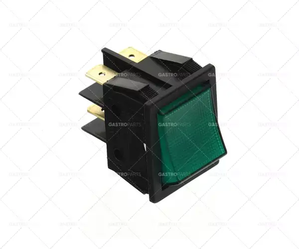 Kolébkový spínač 2-pólový rozměr 30x22mm zelený 2CO 250V 16A osvětlené spojovací plochý konektor 6,3mm Omezená Nabídka