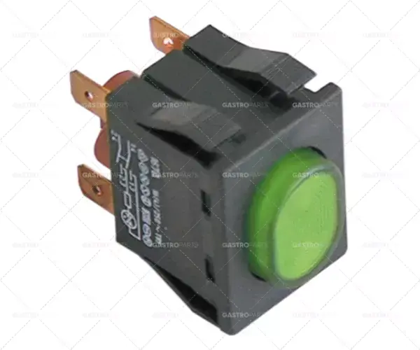 Tlačítko rozměr 30x22mm zelený 2NO 250V 16A osvětlené spojovací plochý konektor 6,3 mm Super Cena