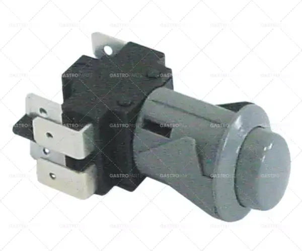Zlevněný tlačítkový spínač, montáž ø 20,6x16,4mm šedý 2CO 250V 16A připojení vnější faston 6,3mm