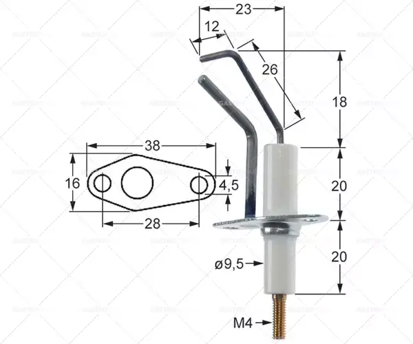 Bezpečná Platba délka příruby zapalovací elektrody 38mm šířka příruby 16mm D1 ø 9,5mm L1 18mm L2 23mm