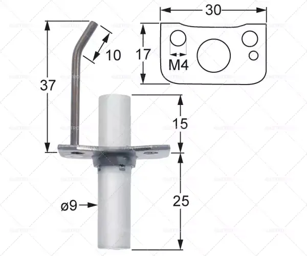 Ověřený délka příruby zapalovací elektrody 30mm šířka příruby 17mm D1 ø 9mm L1 37mm L2 10mm