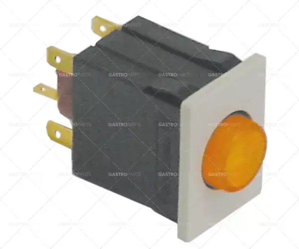 tlačítkový spínač, montážní rozměry 30x22mm žlutý 2NO 250V 16A osvětlený, kontrolka 24V Aktuální