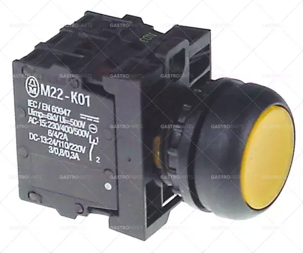 Bezpečná Platba momentový spínač žlutý podsvícený, 80-264V ø 22,5mm 1NC/1NO momentový