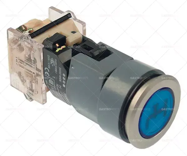 Novinka spínač ø 22,5mm 1NO 660V max. 16(4)A 0-1 západkový vodní modře podsvícený