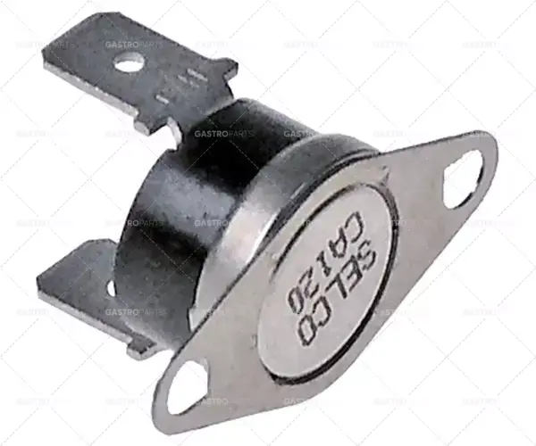 Autentický bimetalový termostat vzdálenost otvorů 23,5 mm 1NO 16A připojení F6.3 počáteční teplota 48,9 °C
