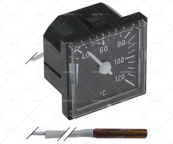 Ověřený teploměr montážní rozměry 45x45mm +40 až +120°C kapilární trubka 5000mm sonda ø 6mm