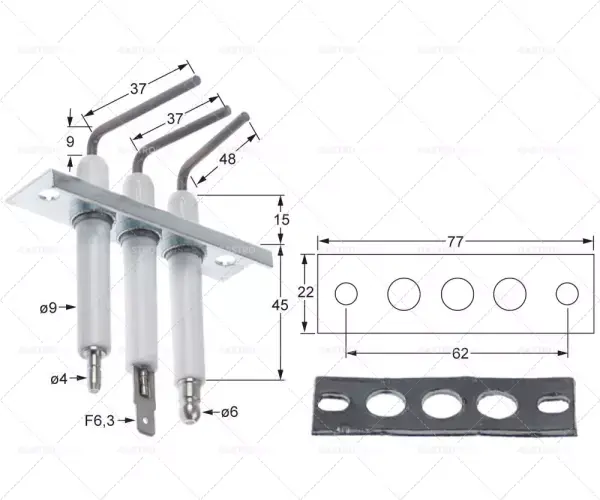 Speciální Cena skupina zapalovacích elektrod délka příruby 77mm šířka příruby 22mm D1 ø 9,5mm L1 9mm L2 37/37/48mm