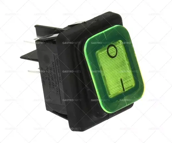 Kup Teď Kolébkový vypínač zelený rozměr 30x22mm 2NO 230V 20A osvětlené 6,3mm jazýčky 0-I konektor