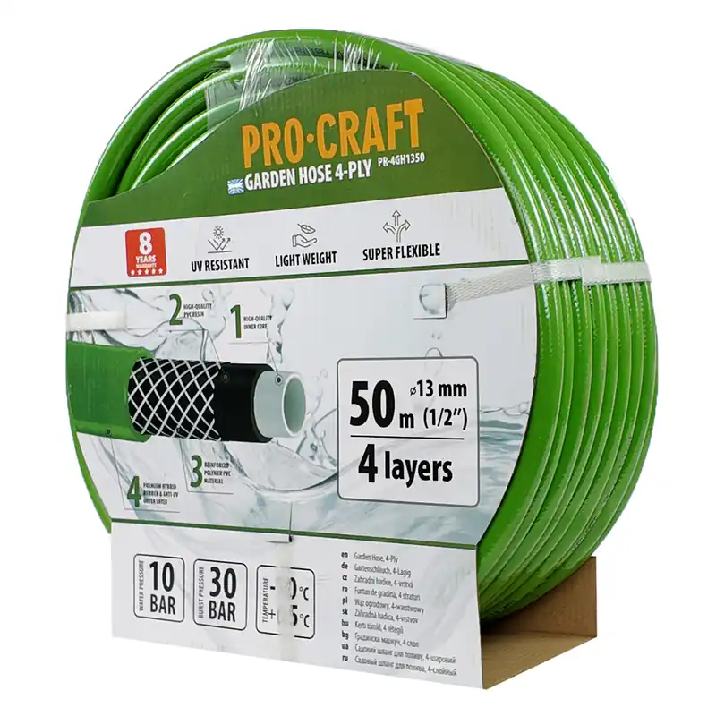 Nová Kolekce Zelená zahradní hadice Procraft PR-4GH1350 4 vrstvy, 1/2" 50 m PR-4GH1350