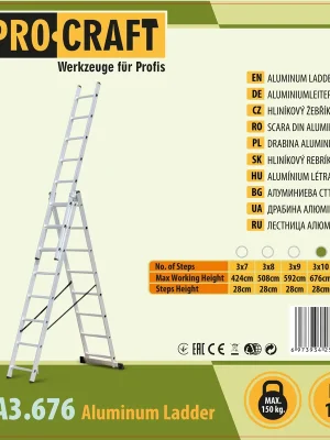 Žebřík hliníkový třídílný 3×10 Procraft PLA3.676 PLA3.676 Pouze Dnes