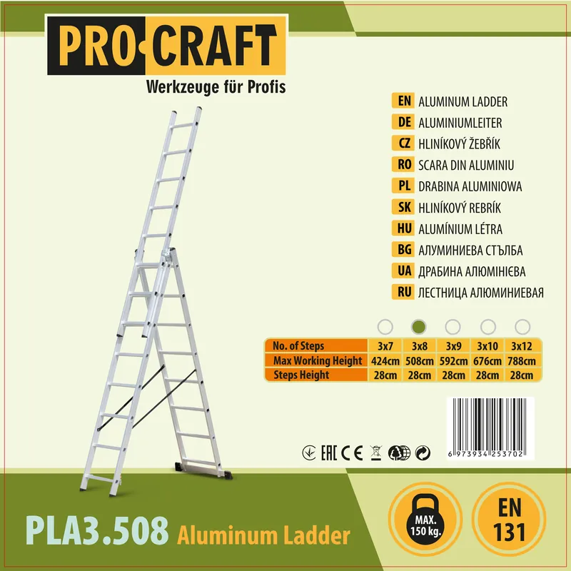 Žebřík hliníkový třídílný 3×8 Procraft PLA3.508 PLA3.508 Vysoce Kvalitní