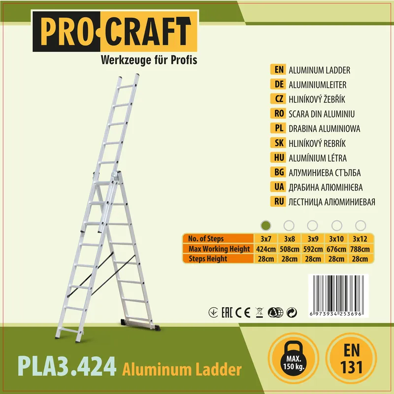 Žebřík hliníkový třídílný 3×7 Procraft PLA3.424 PLA3.424 Výhodná Nabídka