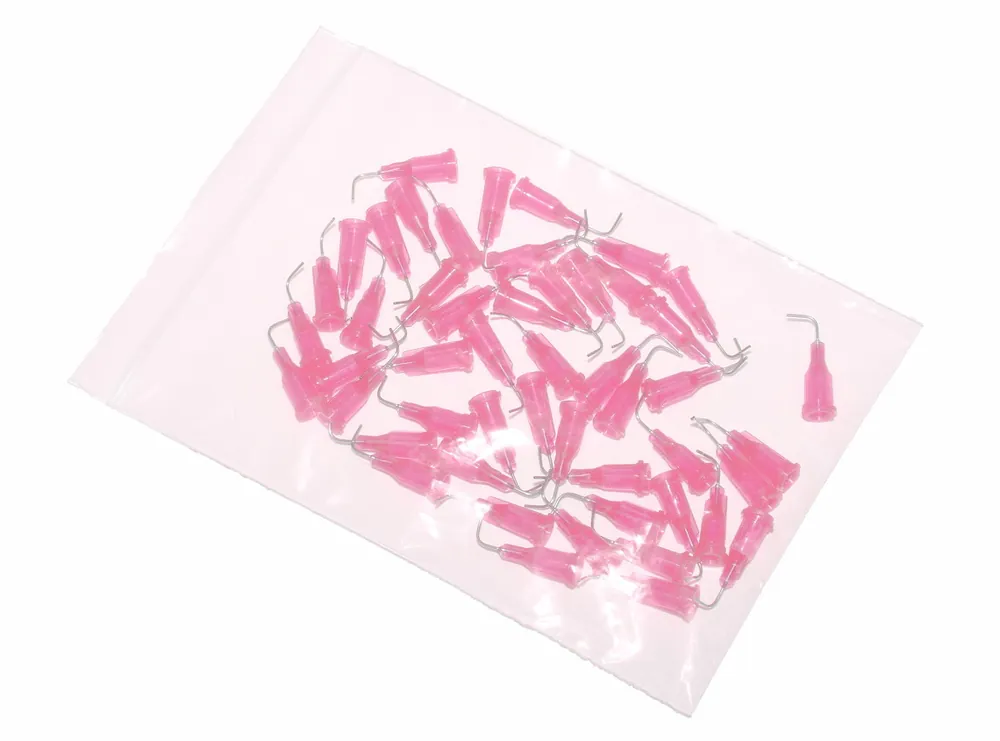 Originální 90° zahnuté aplikační jehly s nerezovou kanylou růžová 20G 50ks