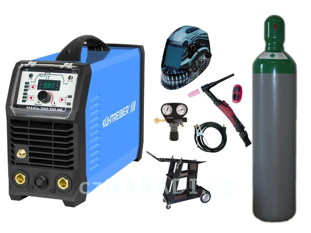 MAKin 200 TIG HF + zem + TIG hořák U/D + kukla + ventil + lahev + vozík SET PRO Levný